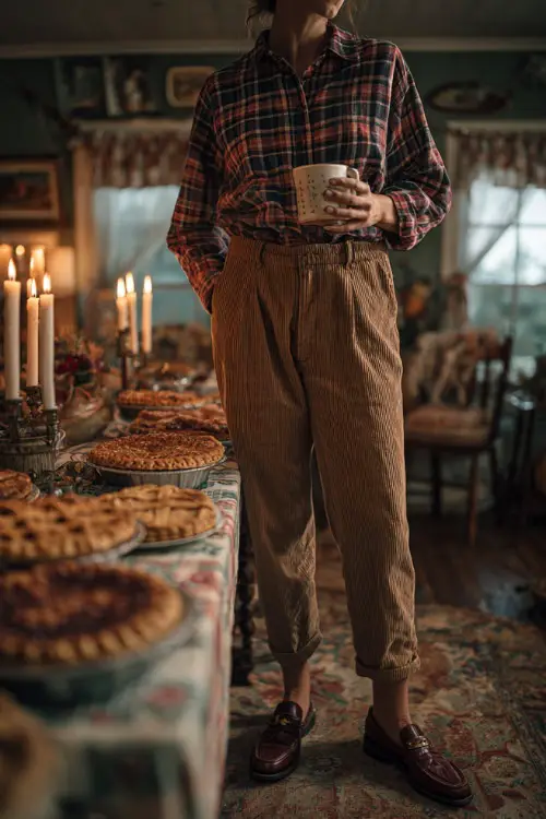 A woman in a plaid flannel shirt tucked into corduroy pants with loafers, holding a cup of coffee near a Thanksgiving table with pies and candles