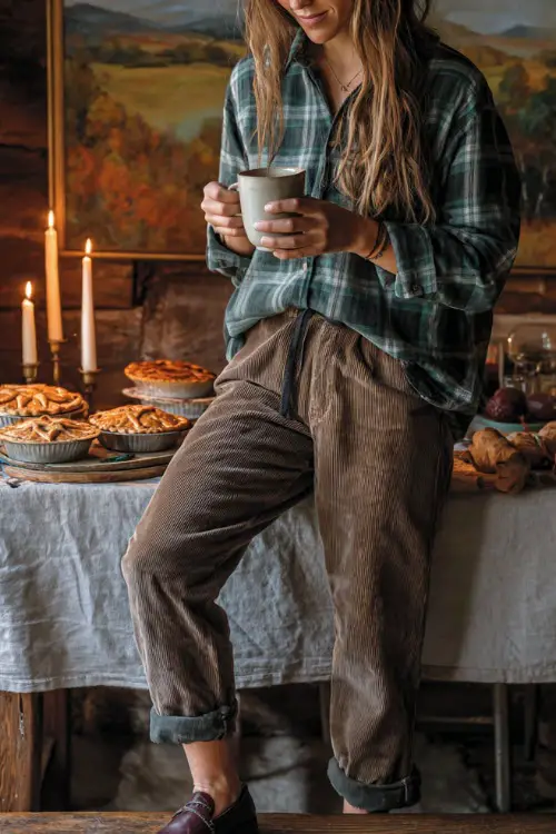A woman in a plaid flannel shirt tucked into corduroy pants with loafers, holding a cup of coffee near a Thanksgiving table with pies and candles