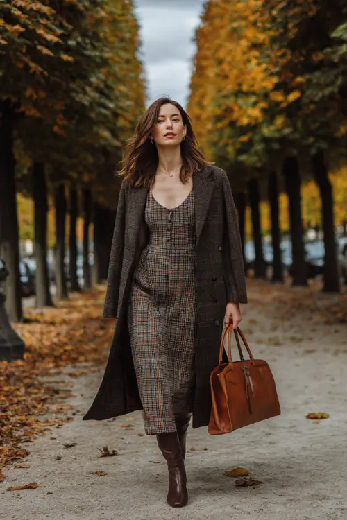 A woman in a plaid midi dress layered with a long coat, heeled boots, and a leather handbag, walking on a tree-lined street with autumn leaves
