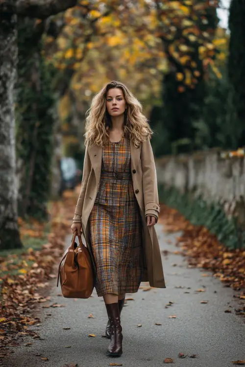 A woman in a plaid midi dress layered with a long coat, heeled boots, and a leather handbag, walking on a tree-lined street with autumn leaves