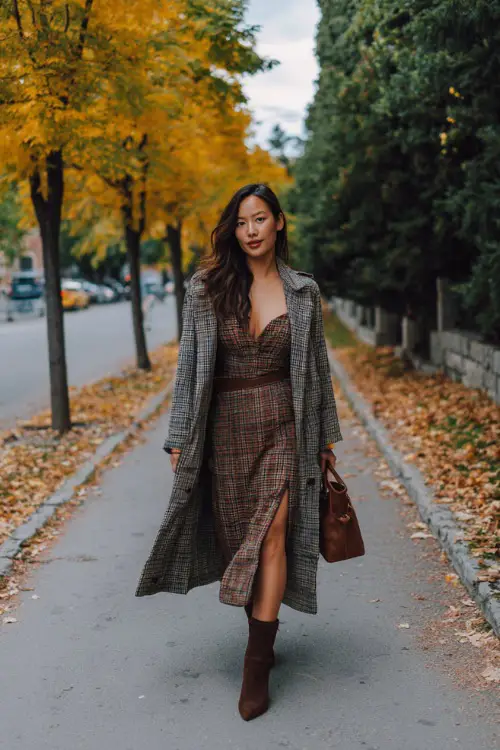 A woman in a plaid midi dress layered with a long coat, heeled boots, and a leather handbag, walking on a tree-lined street with autumn leaves