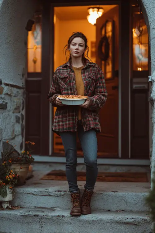 A woman in a plaid shacket over a thick sweater, skinny jeans, and lace-up boots