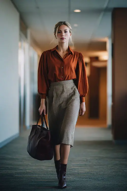 A woman in a rust-colored blouse tucked into a midi pencil skirt, paired with heeled ankle boots and a structured tote, standing in a modern office hallway