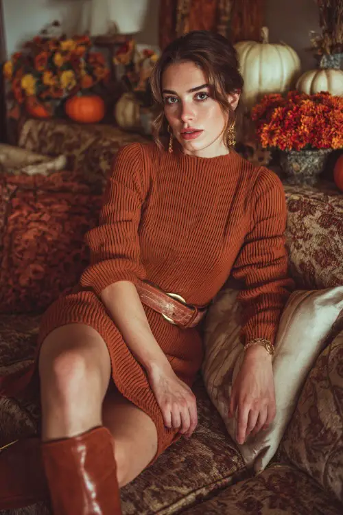 A woman in a rust-colored ribbed knit dress with a matching belt and boots, sitting on a couch surrounded by Thanksgiving decorations