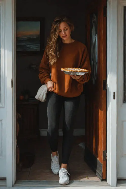 A woman in a rust-colored sweater and black leggings paired with white sneakers, carrying a pumpkin pie while entering a family house