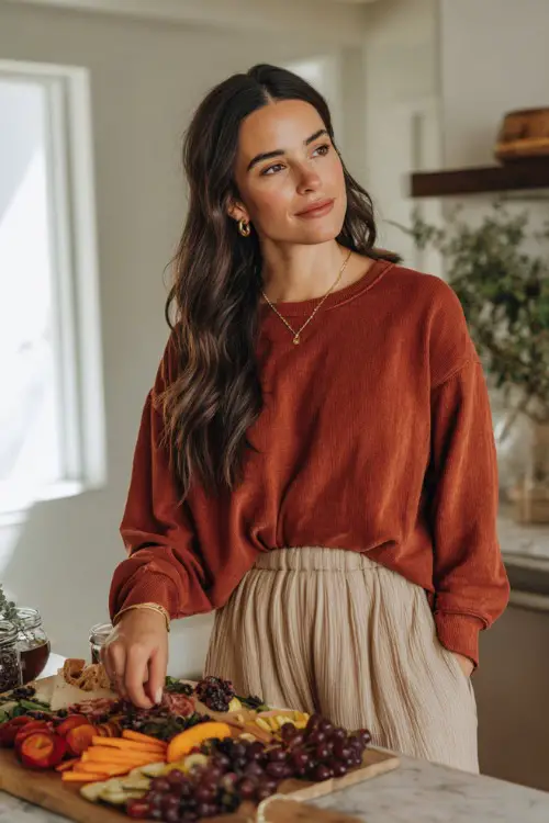 A woman in a rust-colored sweatshirt tucked into wide-leg lounge pants, standing in a bright kitchen arranging a Thanksgiving charcuterie board