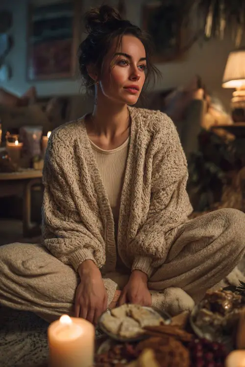 A woman in a soft knit lounge set with a cardigan, wide-leg pants, and cozy socks, sitting on the floor near a coffee table full of Thanksgiving snacks and candles
