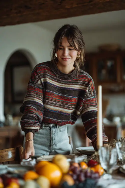 A woman in a striped sweater, wide-leg jeans, and loafers, setting a casual Thanksgiving table with candles and seasonal fruits