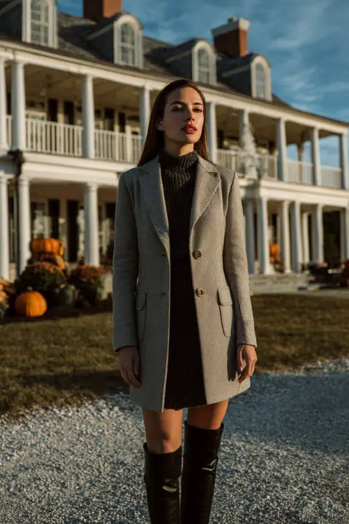 A woman in a tailored coat layered over a knit dress with knee-high boots