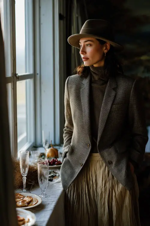 A woman in a tailored wool blazer layered over a turtleneck and pleated midi skirt