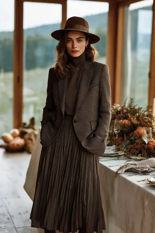 A woman in a tailored wool blazer layered over a turtleneck and pleated midi skirt