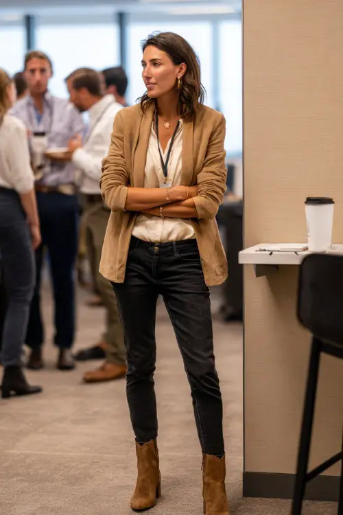 A woman in a tan blazer over a cream blouse and dark jeans, accessorized with subtle jewelry and ankle boots, chatting with coworkers near the office break area