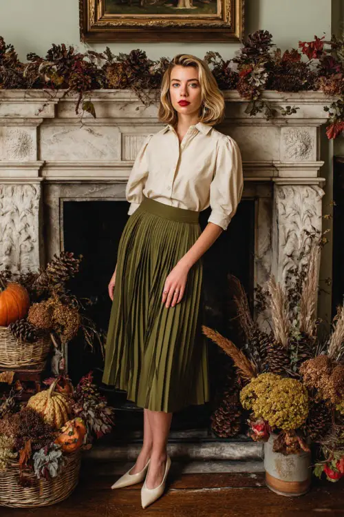 A woman in an olive-green pleated skirt, cream blouse with puff sleeves, and pointed flats, standing beside a fireplace with Thanksgiving decorations