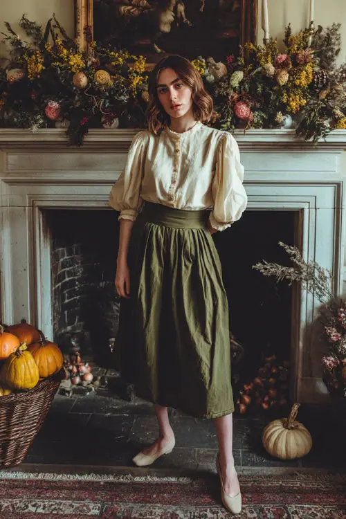 A woman in an olive-green pleated skirt, cream blouse with puff sleeves, and pointed flats, standing beside a fireplace with Thanksgiving decorations
