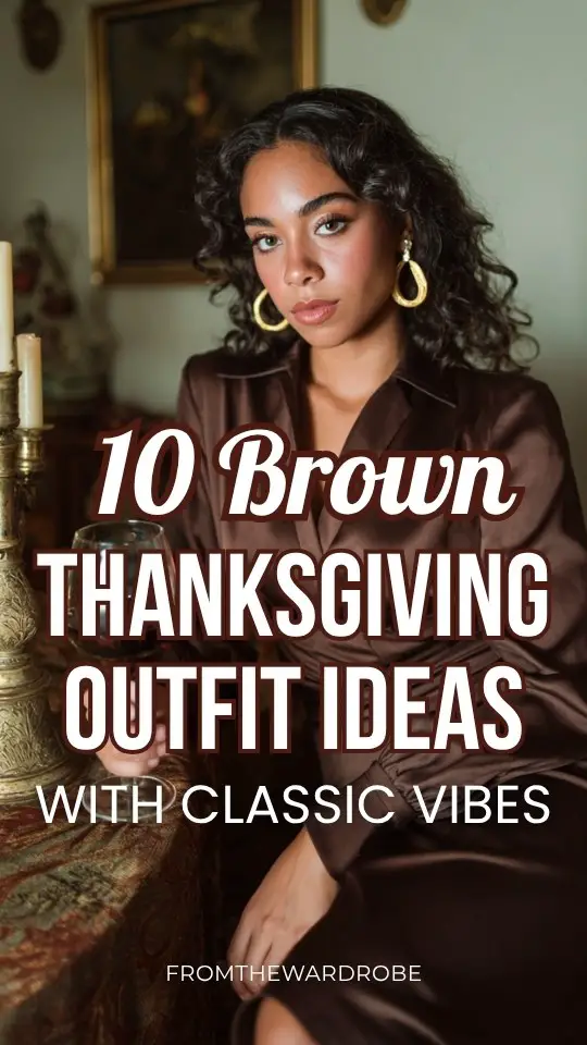 A woman in h a brown Thanksgiving outfit with a satin midi dress with long sleeves, gold hoop earrings, and heels