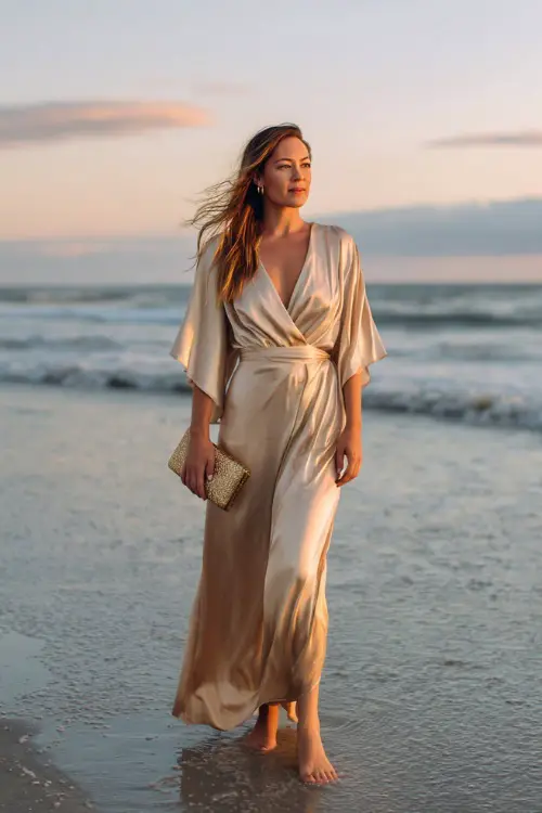 A woman over 30 wears a flowy champagne satin maxi dress with a soft cream wrap draped around her shoulders, standing barefoot on the beach during sunset