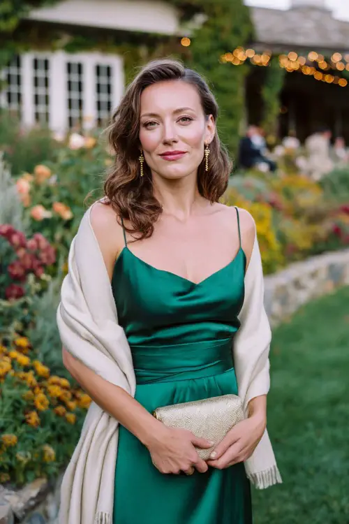 A woman over 30 wears a long emerald satin dress with a soft cream wrap draped over her shoulders, standing in a romantic garden decorated with fall flowers and string lights