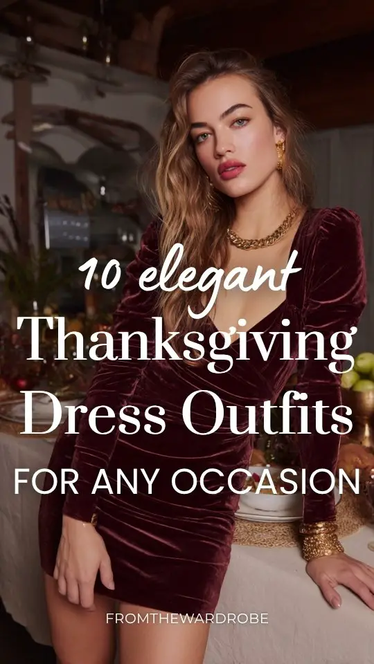 A woman wears a Thanksgiving outfit with a burgundy velvet mini dress with long sleeves and gold accessories