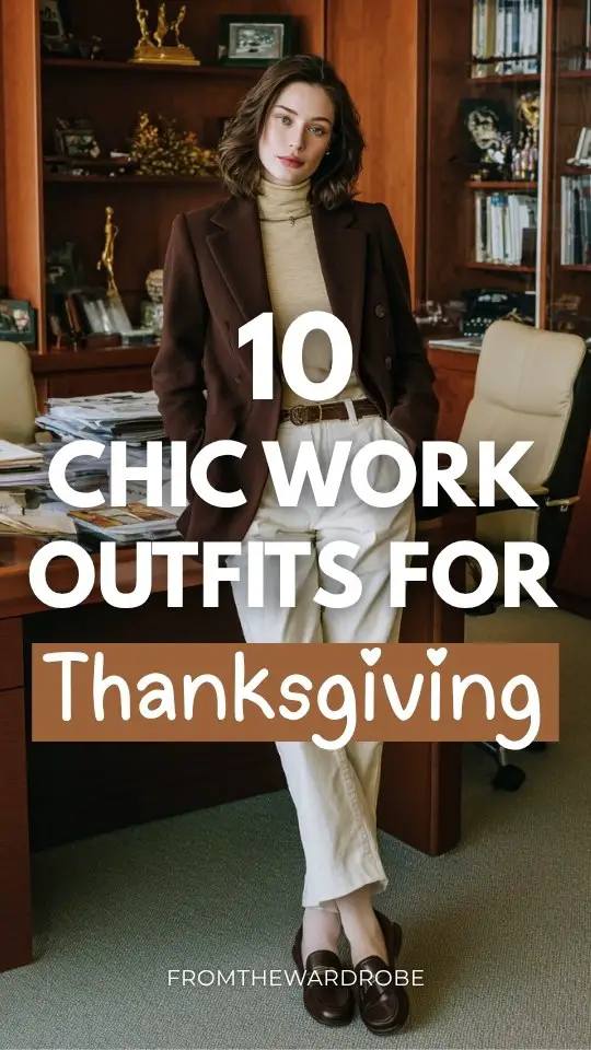 A woman wears a Thanksgiving work outfit with a tailored brown blazer over a cream turtleneck, straight trousers, and loafers