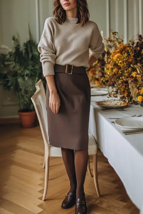 A woman wears a beige sweater tucked into a brown midi skirt with tights and loafers, standing near an office meeting table with autumn flowers