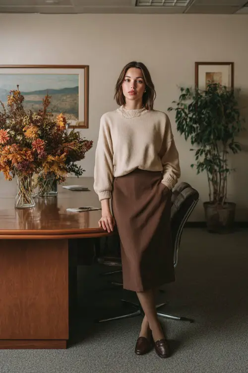 A woman wears a beige sweater tucked into a brown midi skirt with tights and loafers, standing near an office meeting table with autumn flowers