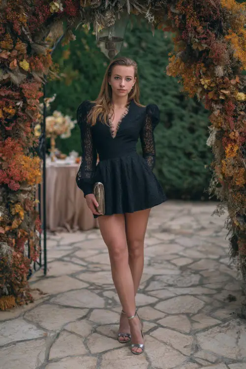 A woman wears a black long-sleeve short dress with lace detailing and a flowy skirt, paired with silver heels and a clutch, posing near a decorated wedding arch with autumn foliage