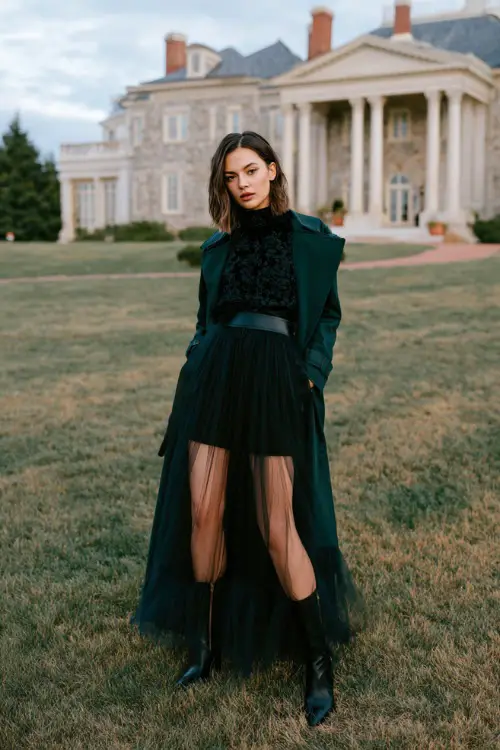 A woman wears a black long-sleeve tulle dress with embroidered details, styled with heeled boots and a dark green trench coat 