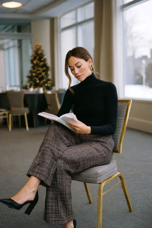 A woman wears a black turtleneck paired with high-waisted plaid trousers and block heels, reviewing notes in a bright conference room with seasonal decor