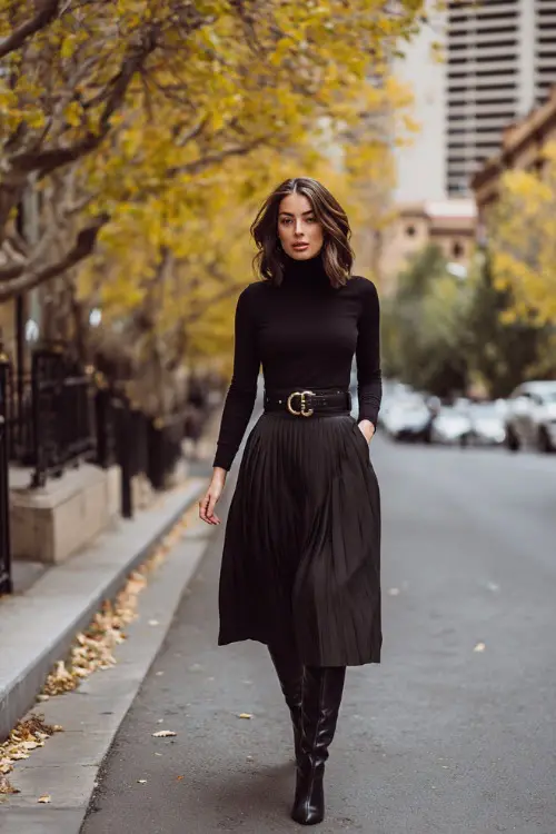 A woman wears a black turtleneck tucked into a pleated midi skirt, paired with heeled boots and a statement belt
