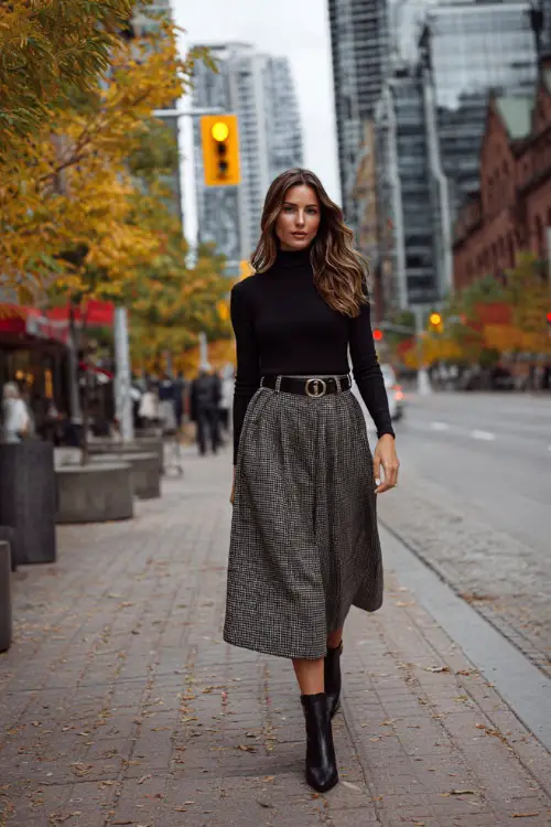 A woman wears a black turtleneck tucked into a pleated midi skirt, paired with heeled boots and a statement belt