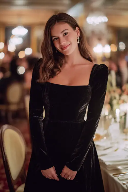 A woman wears a black velvet fit-and-flare dress with a square neckline and long sleeves, styled with silver heels and pearl earrings