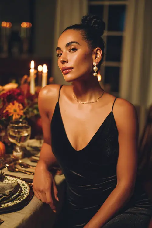 A woman wears a black velvet midi dress with pearl earrings and a sleek bun hairstyle, sitting at a Thanksgiving dinner table with candles and flowers
