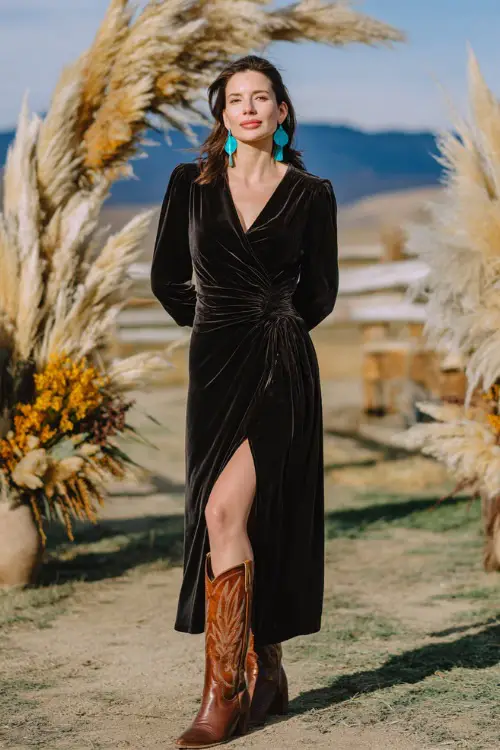 A woman wears a black velvet wrap dress with long sleeves, paired with tall brown cowboy boots and turquoise earrings 