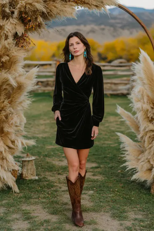 A woman wears a black velvet wrap dress with long sleeves, paired with tall brown cowboy boots and turquoise earrings