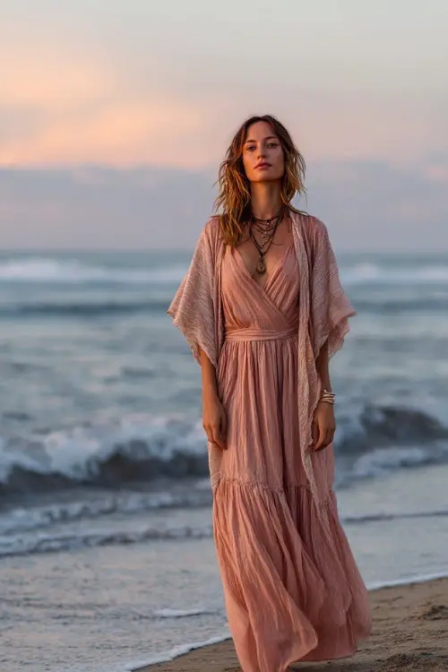 A woman wears a blush pink maxi dress with flutter sleeves and a flowy skirt, layered with a lightweight shawl 