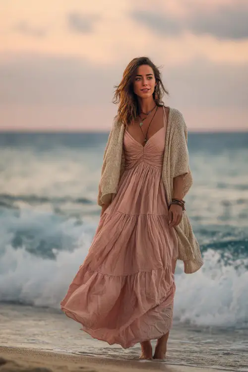 A woman wears a blush pink maxi dress with flutter sleeves and a flowy skirt, layered with a lightweight shawl 