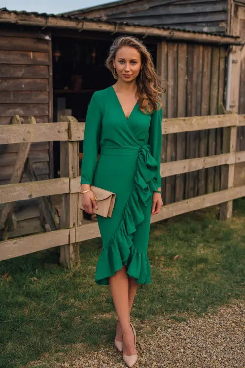 A woman wears a bright pine green midi wrap dress with a ruffled hem, styled with beige pumps and a small clutch 