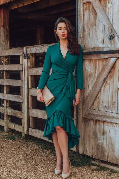 A woman wears a bright pine green midi wrap dress with a ruffled hem, styled with beige pumps and a small clutch