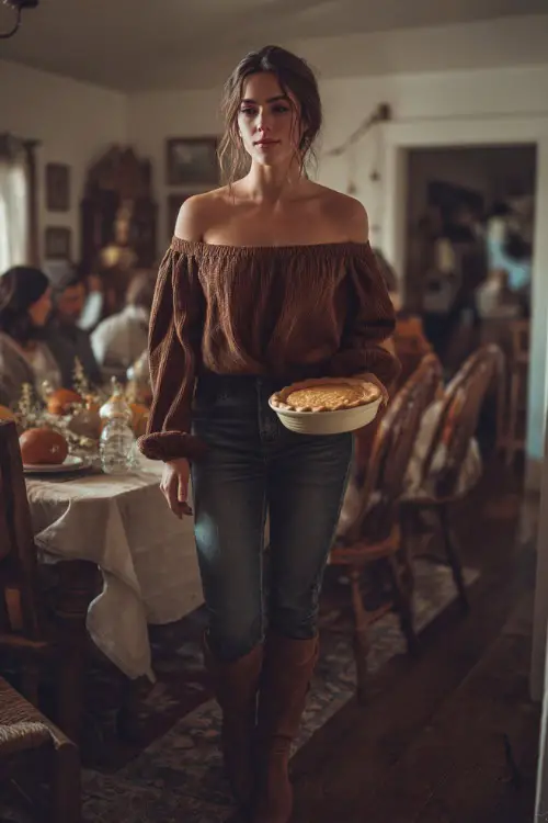 A woman wears a brown off-the-shoulder sweater with high-waisted jeans and ankle boots, carrying a pumpkin pie toward a Thanksgiving dinner table