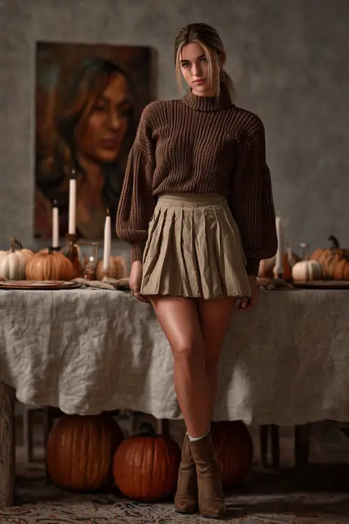 A woman wears a brown ribbed sweater tucked into a pleated beige skirt with ankle boots, standing beside a Thanksgiving table decorated with pumpkins and candles