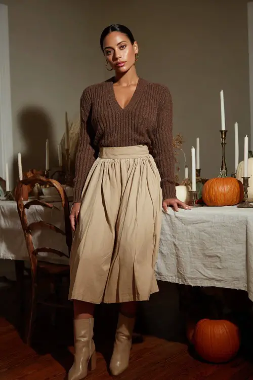 A woman wears a brown ribbed sweater tucked into a pleated beige skirt with ankle boots, standing beside a Thanksgiving table decorated with pumpkins and candles