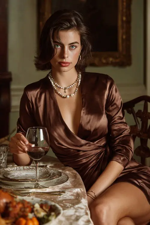 A woman wears a brown satin wrap dress with delicate jewelry and heels, holding a glass of wine at an indoor Thanksgiving dinner