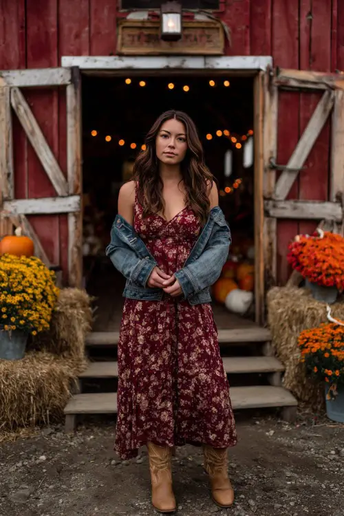 A woman wears a burgundy floral maxi dress with flutter sleeves, paired with tan cowboy boots and a denim jacket 