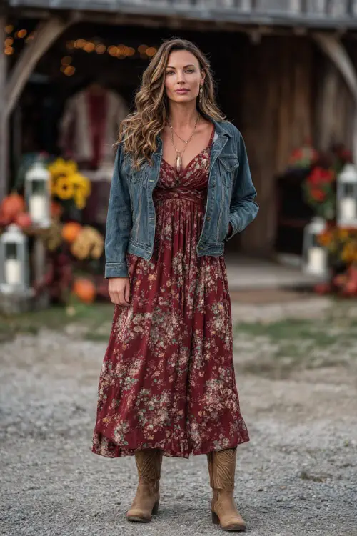 A woman wears a burgundy floral maxi dress with flutter sleeves, paired with tan cowboy boots and a denim jacket