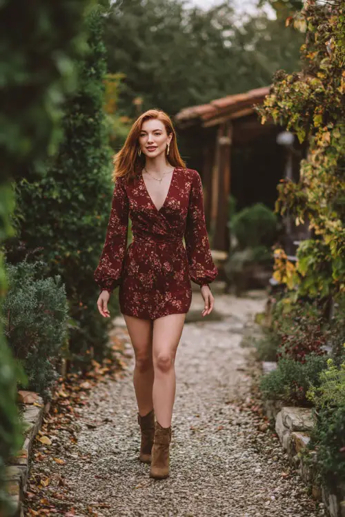 A woman wears a burgundy floral midi dress with long sleeves, paired with suede ankle boots and hoop earrings 