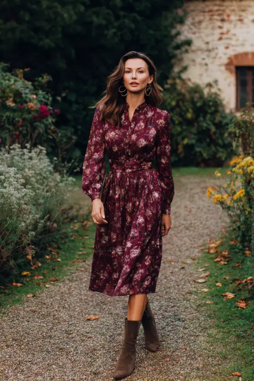 A woman wears a burgundy floral midi dress with long sleeves, paired with suede ankle boots and hoop earrings