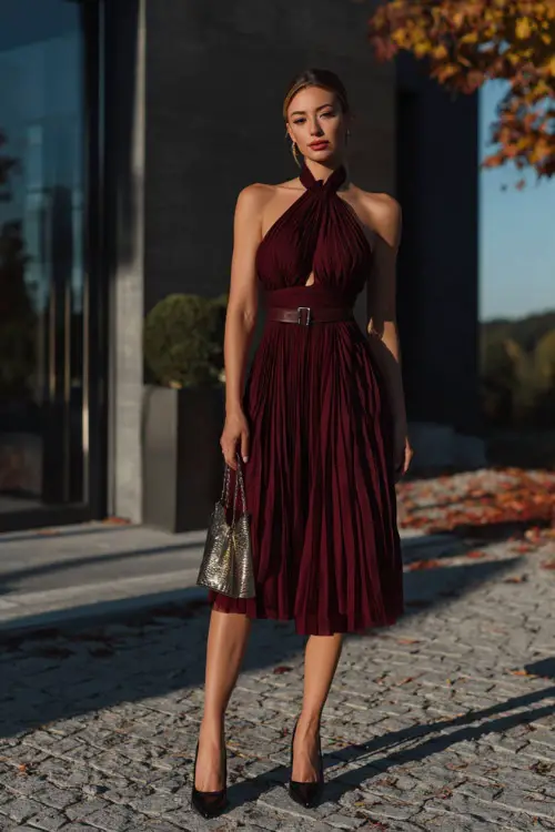 A woman wears a burgundy pleated chiffon dress with a halter neckline and matching belt, paired with black pumps and a metallic handbag 