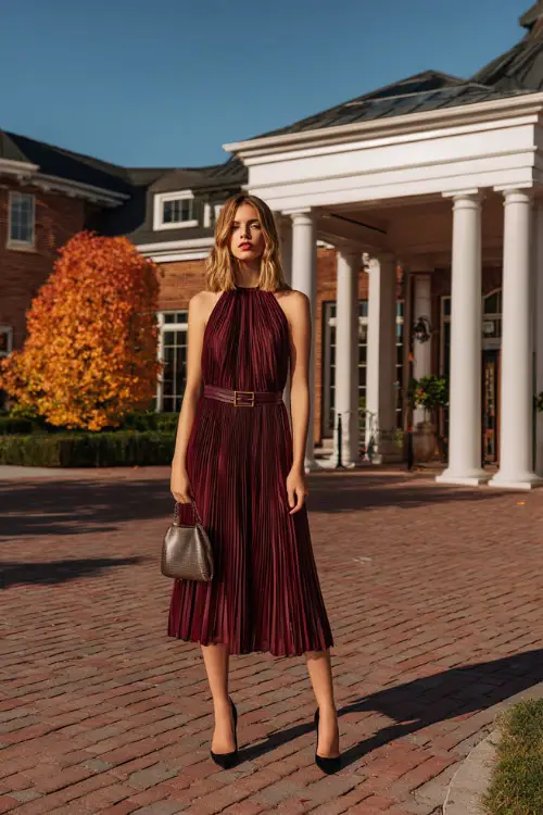 A woman wears a burgundy pleated chiffon dress with a halter neckline and matching belt, paired with black pumps and a metallic handbag 
