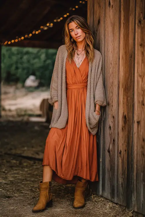 A woman wears a burnt sienna pleated dress with a cozy cardigan layered on top, styled with suede boots and simple jewelry 