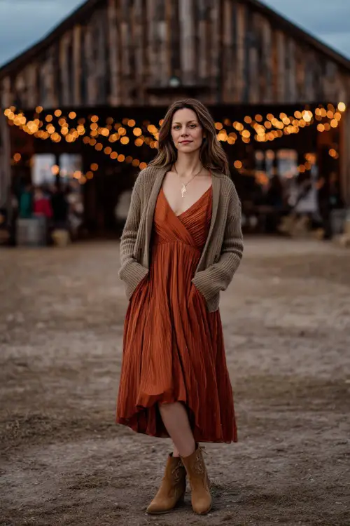 A woman wears a burnt sienna pleated dress with a cozy cardigan layered on top, styled with suede boots and simple jewelry 